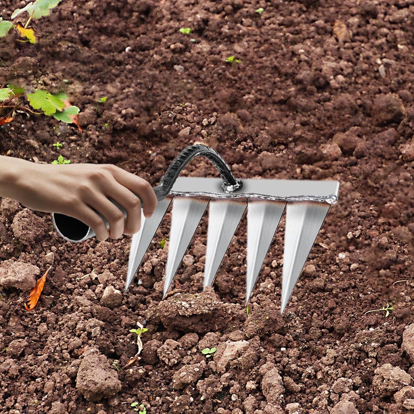 Heavy Duty 5-Tine Hand Cultivator Rake – Garden Soil Tiller & Weeder Tool