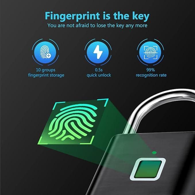 Smart Fingerprint Padlock | Keyless Biometric Lock | USB Rechargeable Waterproof Security Lock for Home, Office, Gym, Bags & Gates
