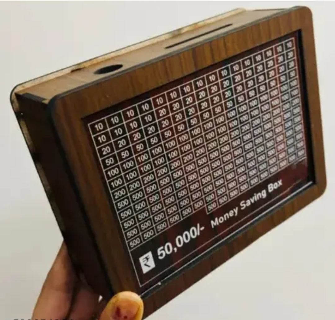 ₹50,000 Money Saving Box | Wooden Piggy Bank with Savings Challenge Chart