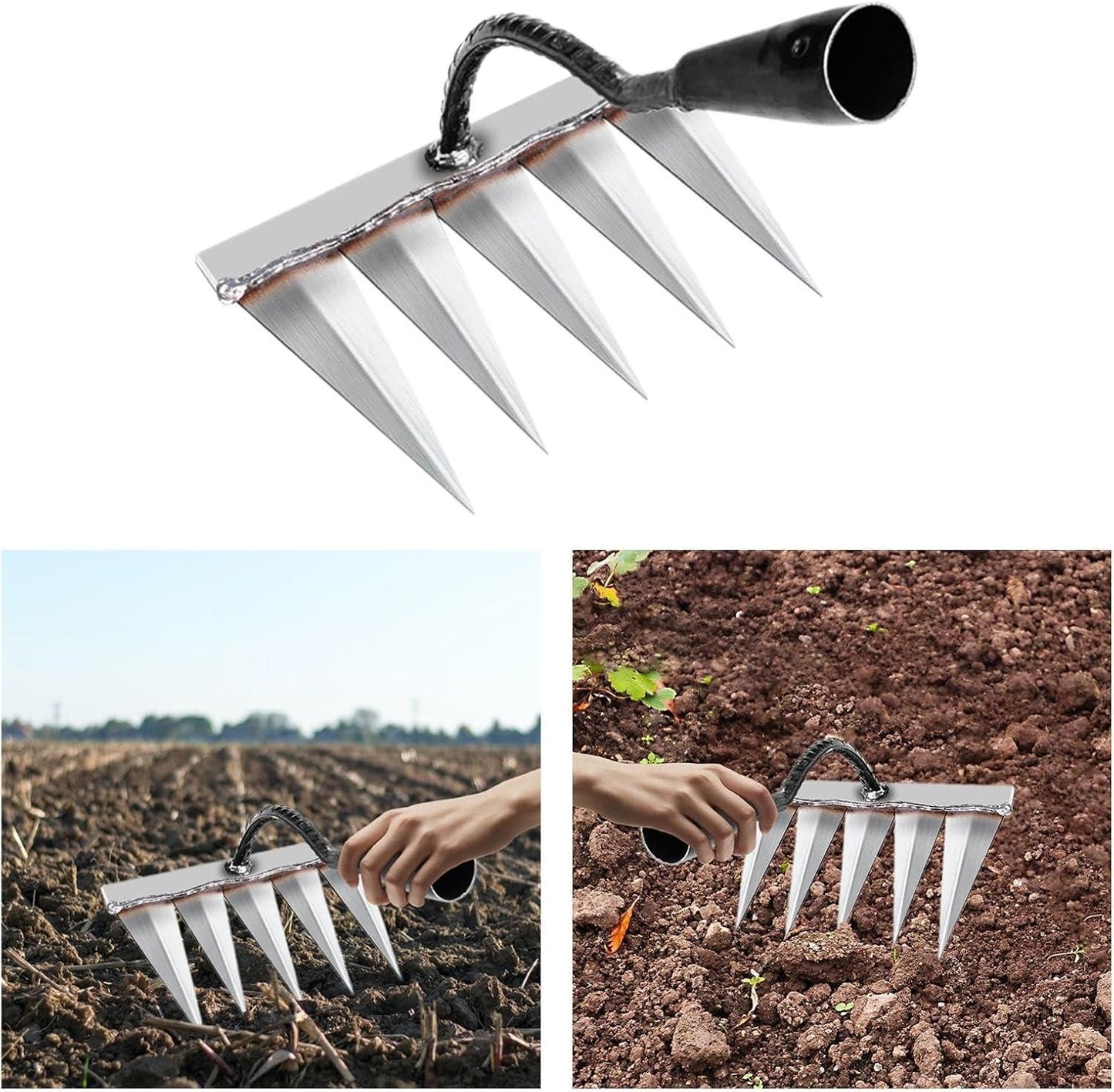 Heavy Duty 5-Tine Hand Cultivator Rake – Garden Soil Tiller & Weeder Tool